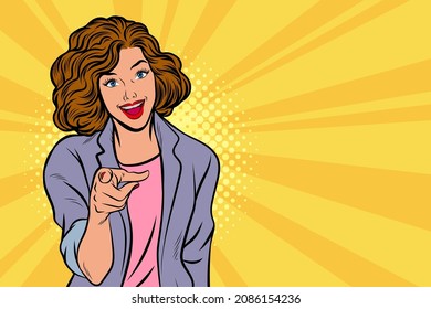 gesture business woman smile and pointing finger at you pop art comics style.
