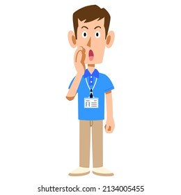 A gesture called by a male staff wearing a short-sleeved polo shirt and a name tag