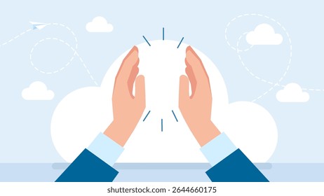 Gesture clap hand on light color background. Two hands giving high five, clapping palms icon. Arms slap, greeting hi gesture of friends. Partners congratulation with great deal. Vector illustration