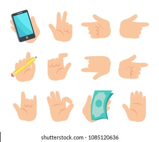 Gesture collection isolated on white background vector illustration ok rock and stop symbols set, arm holding modern smartphone money, pencil in hand