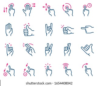 Gesture color linear icon set. Editable stroke. Hand gestures, signals for communication and use mobile touch devices.