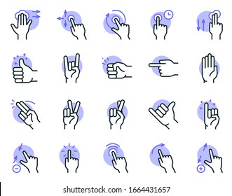 Gesture color linear icon set. Editable stroke. Hand gestures, signals for communication and use mobile touch devices.