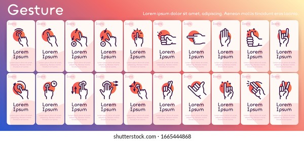 Gesture color linear icon set. Editable stroke. Hand gestures, signals for communication and use mobile touch devices.
