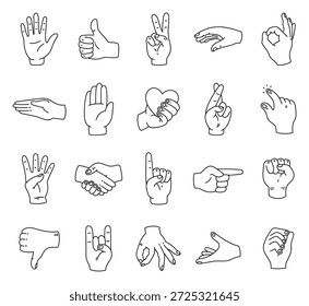 Gestos de comunicação mão conjunto de sinais em esboço de linha de arte ilustrando diversos sinais humanos significativos mostrados em vários contextos cotidianos aprimorando projetos de design