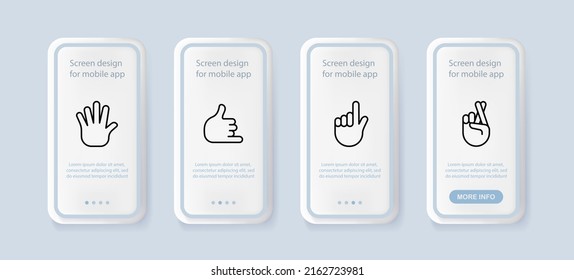 Gesture communication set icon. Sign language, fingering, wave, point, call me, cross fingers. Hands concept. UI phone app screens. Vector line icon for Business and Advertising.