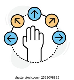Icono de control de gestos. Muestra una mano rodeada de flechas direccionales, que representan comandos de movimiento interactivos en tecnología. Ilustración vectorial. 