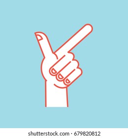 Gesture. Direction sign. Stylized hand with index and thumb fingers up. Icon. Showing course. Vector illustration on blue background. Making pointer sign by hand. Orange lines and white silhouette.