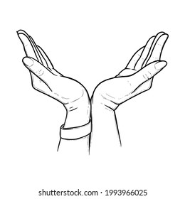 Gesto que expresa protección, cuidado, apoyo y seguridad. Símbolo de mano de amor y compasión al estilo de boceto. Ilustración del vector aislada en fondo blanco