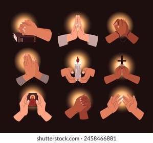 A gesture of faith captured in a collection of flat vector illustrations. Prayer hands surrounded by divine light convey worship and hope with the help of a cross, a candle and a bible.
