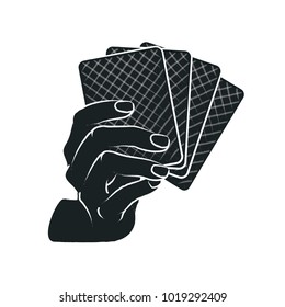 Gesture. Female hand with poker cards. Vector illustration in sketch style isolated on a white background. White lines and dark red silhouette. Gambling card game