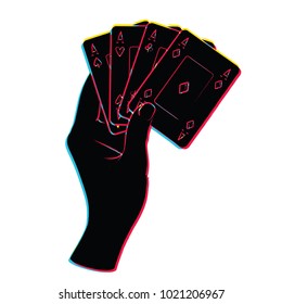 Gesture. Female Hand With Poker Cards. Vector Illustration In Sketch Style With Bias Color Effect On A White Background. Offset Red, Blue, Yellow Silhouettes. Gambling Card Game. Front View.