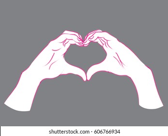 Gesture. Female hands in the form of heart. Vector illustration in sketch style isolated on a grey background. Making love sign by hands. Pink lines and white silhouette.