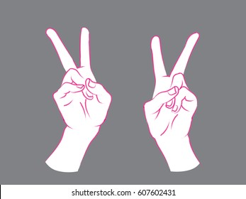 Gesture. Female hands in the form of V letter. Victory. Vector illustration in sketch style isolated on a grey background. Making peace sign by hands. Pink lines and white silhouette.