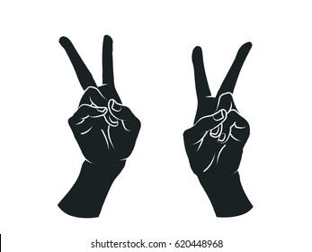 Gesture. Female hands in the form of V letter. Victory. Vector illustration in sketch style isolated on a white background. Making peace sign by hands. White lines and dark grey silhouette.