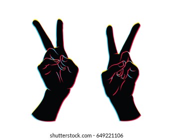 Gesture. Female hands in the form of V letter. Victory. Vector illustration in sketch style with bias color effect on a white background. Making peace sign. Offset red, blue, yellow silhouettes.