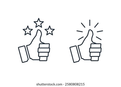 Gesture, finger up movement with stars and sparks. Set vector linear icon illustration isolated on white background.