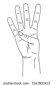 Gesture in the form of four fingers, index, middle, nameless, little finger, raised upward. The hand shows the number four on the fingers. Isolated black and white pattern. Illustration for the site