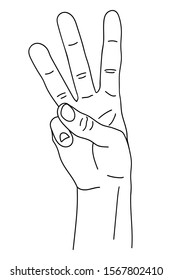 Gesture in the form of three fingers, index, middle and nameless, raised upward. The hand shows the number three on the fingers. Isolated black and white pattern. Website design, illustration