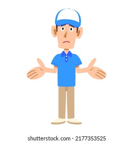The gesture of giving up of a male staff wearing a hat in a short-sleeved polo shirt