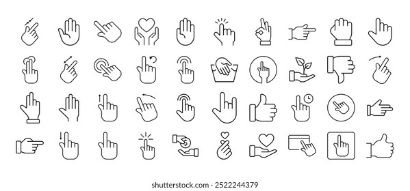 Gesto, mano, línea de cursor Icon Colección. Trazo Editable. Pictograma lineal minimalista para el diseño de tarjetas, App, Anuncios, publicaciones