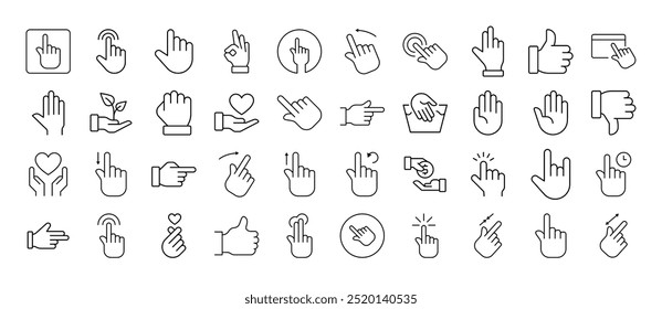 Gesture, Hand, Cursor Outline Web Line Icons Collection. Editable Stroke. Minimalistic Linear Pictogram for Design of Cards, Apps, Banners, Posts