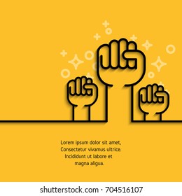 Gesture Hand, Fist Raised Simple Line Icon. Outline Conceptual Symbol Of Business, Success, Motivation, Support Concept. Stroke Mono Pictogram. Vector Banner On Yellow Background