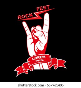 Gesture of a hand with lightnings a rock festival.Sign of rockers.Unity symbol with a banner.Template for a poster, emblems.The press on clothes.Vector illustration.