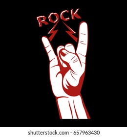 Gesture of a hand with lightnings.Sign rock'n'roll.Symbol we together.The press on clothes.Design element for a poster, emblems.Vector illustration on a black background.
