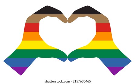 Gesture of the hands folded as heart with New Pride Flag inside. Icon isolated on white background. Symbol of LGBT community. Vector illustration