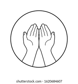 Gesture of the hands folded in prayer graphic icon. Hands cupped together sign in the circle isolated symbol on white background. Vector illustration