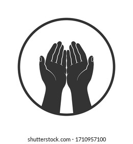 Gesture of the hands folded in prayer graphic icon. Hands cupped together sign in the circle isolated symbol on white background. Vector illustration