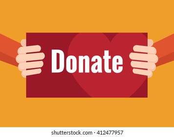 Gesture of hands holding paper  for message donate. Donation concept. Vector flat illustration eps 8