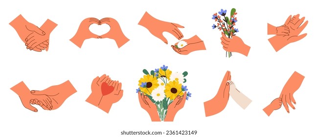 Gesture Hands persona mujer, hombre, niño, mascota agarrando un gran conjunto. Maternidad, amistad, amor, relaciones, apoyo, icono de gestos de confianza. Ilustración vectorial aislada en fondo blanco.