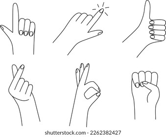 Gesture hands set in line style. Vector illustration with concept of pointing, motivation, approval, new idea, love and satisfaction