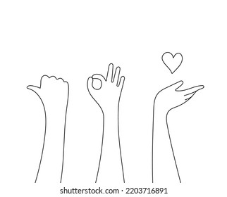 Gesture hands set on doodle style. Human hands sketch, scribble arms on white background, thumb up gesture silhouette, vector illustration.