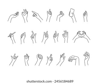 Gesten Handzeichen Schwarz Dünne Linie Icon Set Mit gekreuzten Fingern, mit Bleistift und Telefon. Vektorillustration linearer Symbole