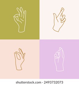 Gesture Hands Sign Thin Line Icon Set on a Color Background. Vector illustration of Silhouette Woman Hand with Fingers Crossed