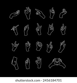 Gesto de las manos de signo blanco de línea delgada Conjunto de iconos en una inclusión negra de las manos del corazón de signo. Ilustración vectorial de iconos lineales