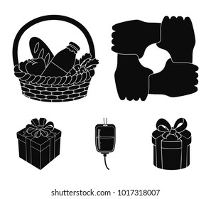 Gesture of the hands in support, a basket with food for charity, donor blood, a gift donation box. Charity and donation set collection icons in black style vector symbol stock illustration web.