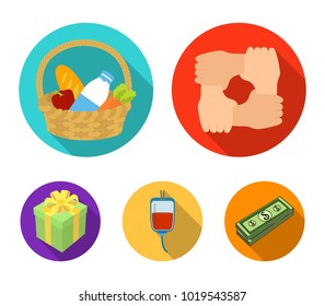 Gesture of the hands in support, a basket with food for charity, donor blood, a gift donation box. Charity and donation set collection icons in flat style vector symbol stock illustration web.