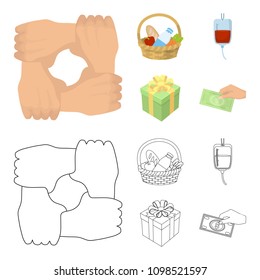 Gesture of the hands in support, a basket with food for charity, donor blood, a gift donation box. Charity and donation set collection icons in cartoon,outline style vector symbol stock illustration