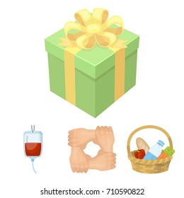Gesture of the hands in support, a basket with food for charity, donor blood, a gift donation box. Charity and donation set collection icons in cartoon style vector symbol stock illustration web.