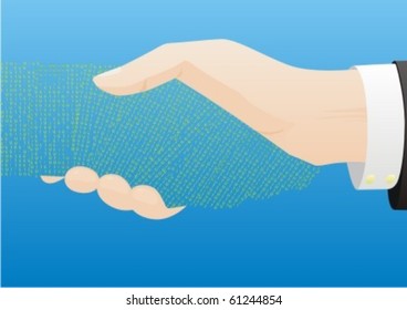 Gesture. Handshake. Man's hand shakes abstract hand digital technologies.