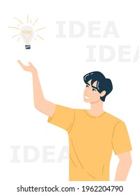 Gesture "have an idea". The young man had an idea. A man holds a lamp as a symbol of a new idea. Flat vector illustration with a man and the inscription "idea".