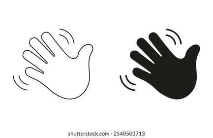 Gesture of Hello or Goodbye Symbol. Waving Hand Emoji Icon. Friendly Greeting Line and Silhouette Sign. Editable Stroke. Isolated Vector Illustration.