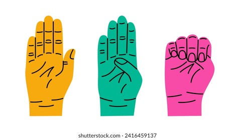 Gesture for help. Colorful hand gesture in case of domestic violence, insecurity. Sign language. The violence at home signal for help. Modern trendy flat cartoon style.