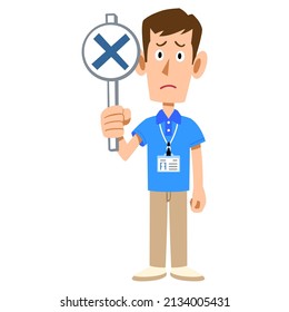 A gesture of holding a tag of a male staff wearing a name tag in a short-sleeved polo shirt