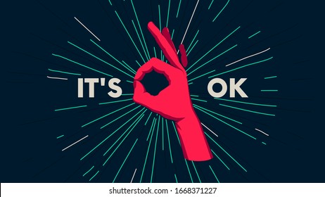 Gesto de una mano humana en el fondo de la explosión del sol, movimiento de los dedos, motivación del afiche vector con el lema Está bien