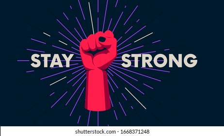 Gesture of a human hand against the background of the sunburst, movement of the fingers, motivating vector poster with the slogan Stay Strong