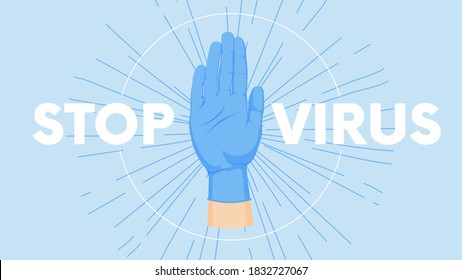 Gesture human hand against the background of the sunburst, medical concept, vector poster with the slogan stop virus